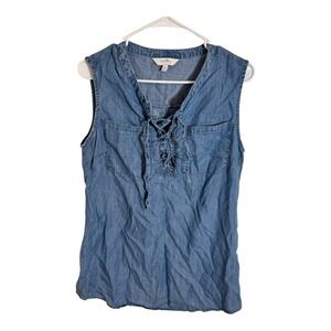 Coral Bay Denim Chambray Lace Up V Neck Sleeveless Tunic Top Size M